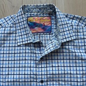 Robert Graham Button Down Shirt Mens XL Blue Plaid Short Sleeve Paisley